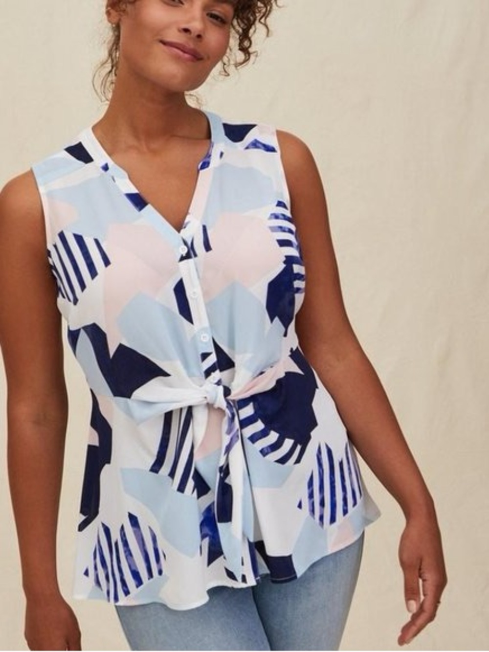 torrid Geometric Tie-Front Sleeveless Top - Navy, Light Blue & Blush